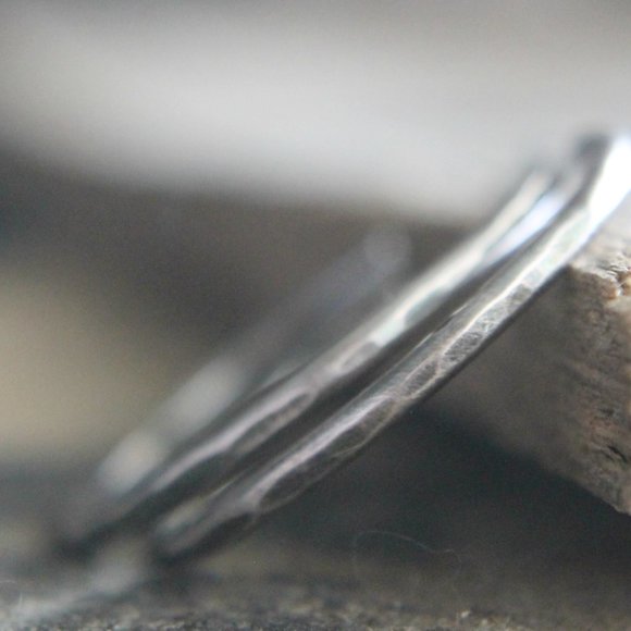 Sterling Silver Hammered Hoop Earrings, Artisan Made, Medium Hoops, Rustic - Picture 6 of 7